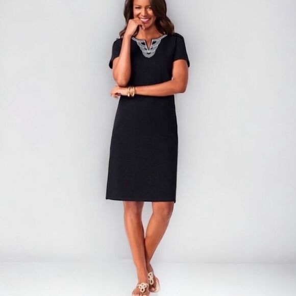 Talbots Black Embroidered V-Neck Midi Dress size Small Cotton Shift - Picture 1 of 7